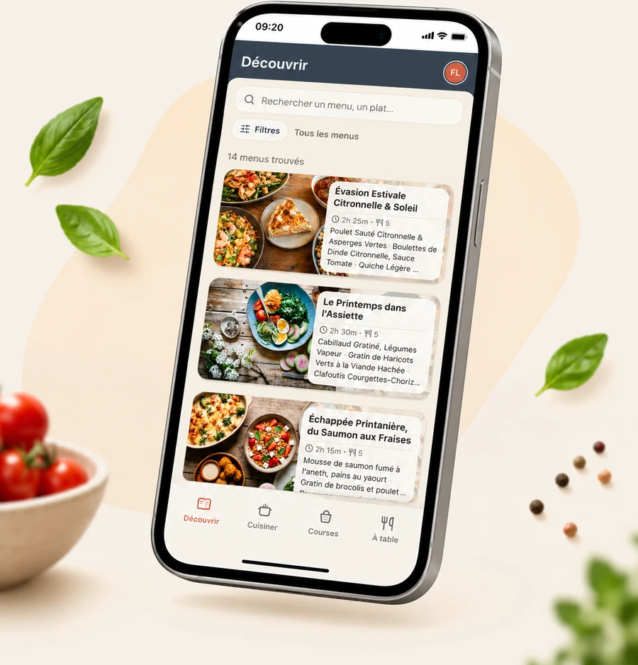 L'app LeBatch ouverte sur l'onglet Découvrir : une liste de menus à cuisiner, chacun avec sa durée de session et son nombre de portions.