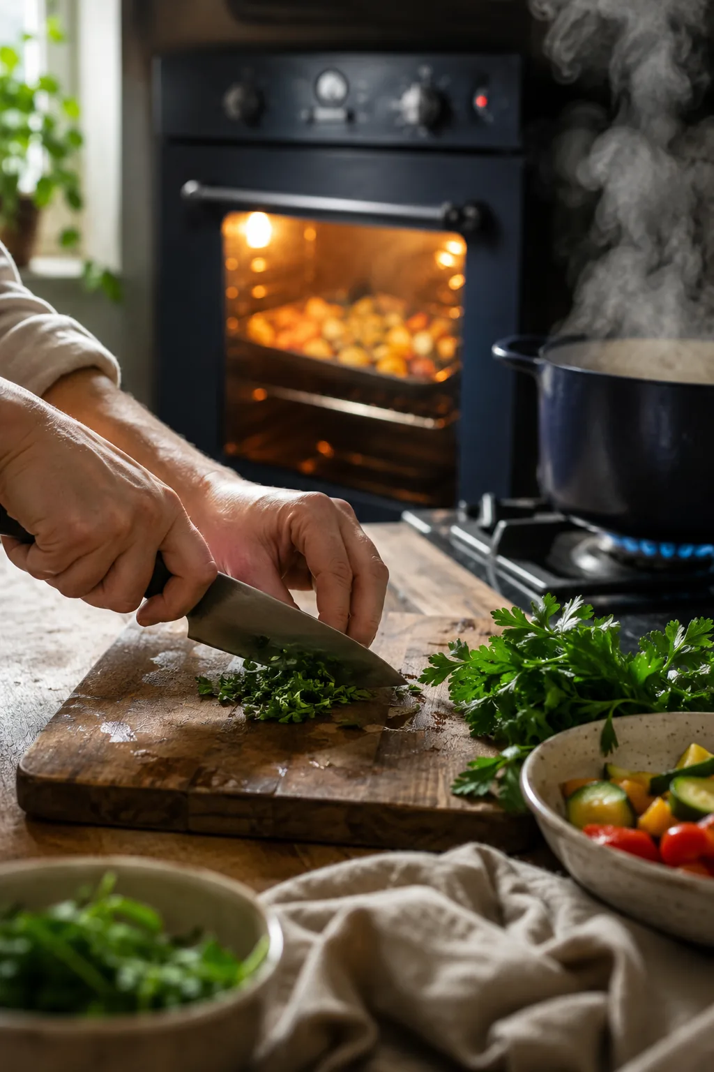 Mains émincant du persil au premier plan, four allumé et casserole en train de fumer à l'arrière